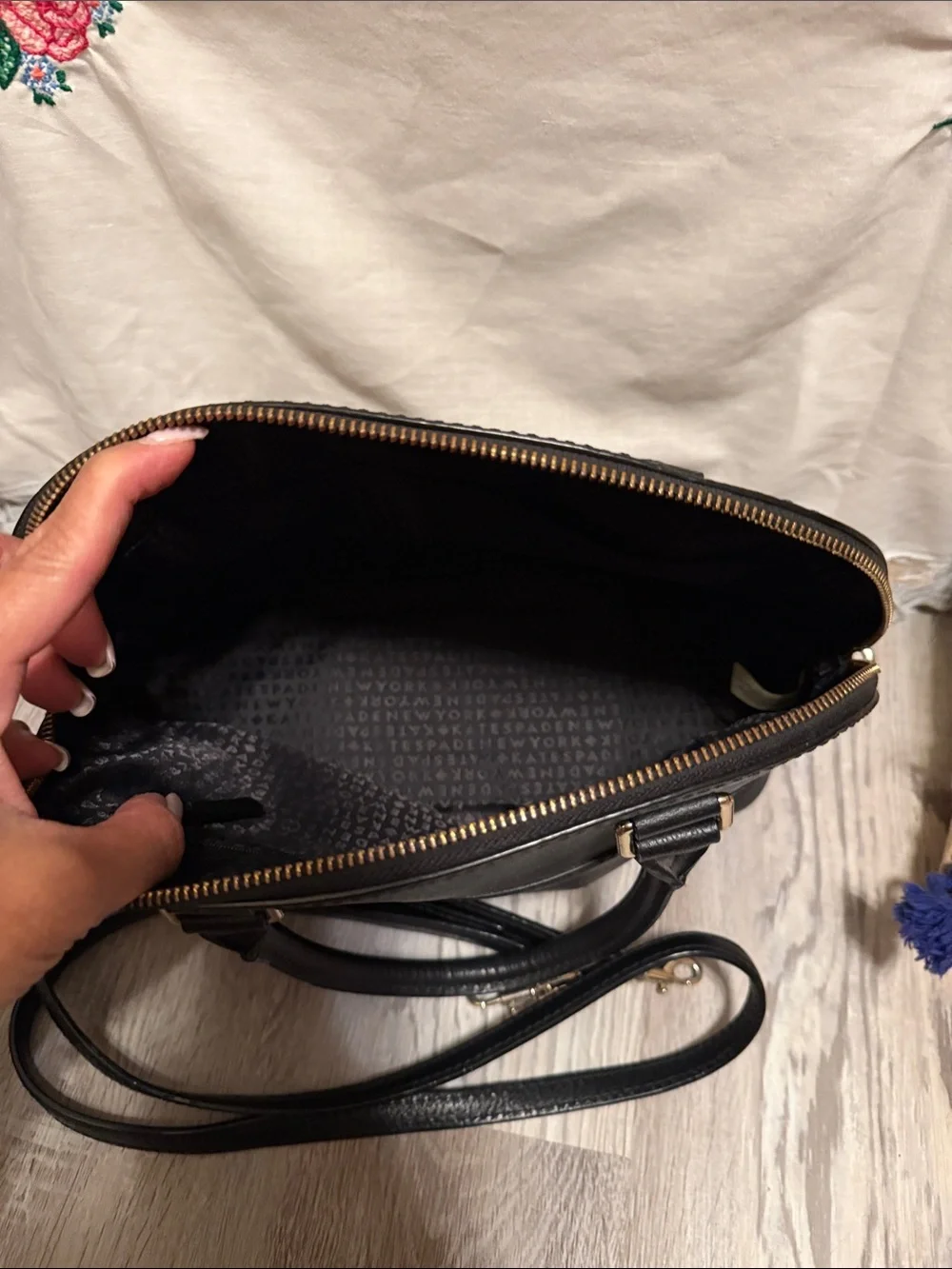 kate spade black Leather Dome Satchel with Removable Strap and Gold Hardware